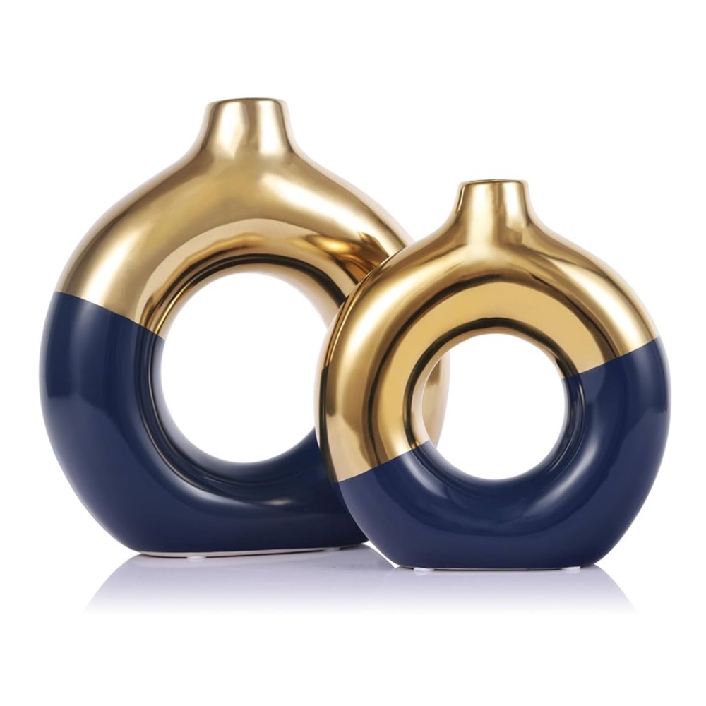 Navy Blue & Gold Ceramic Donut Vase Set of 2